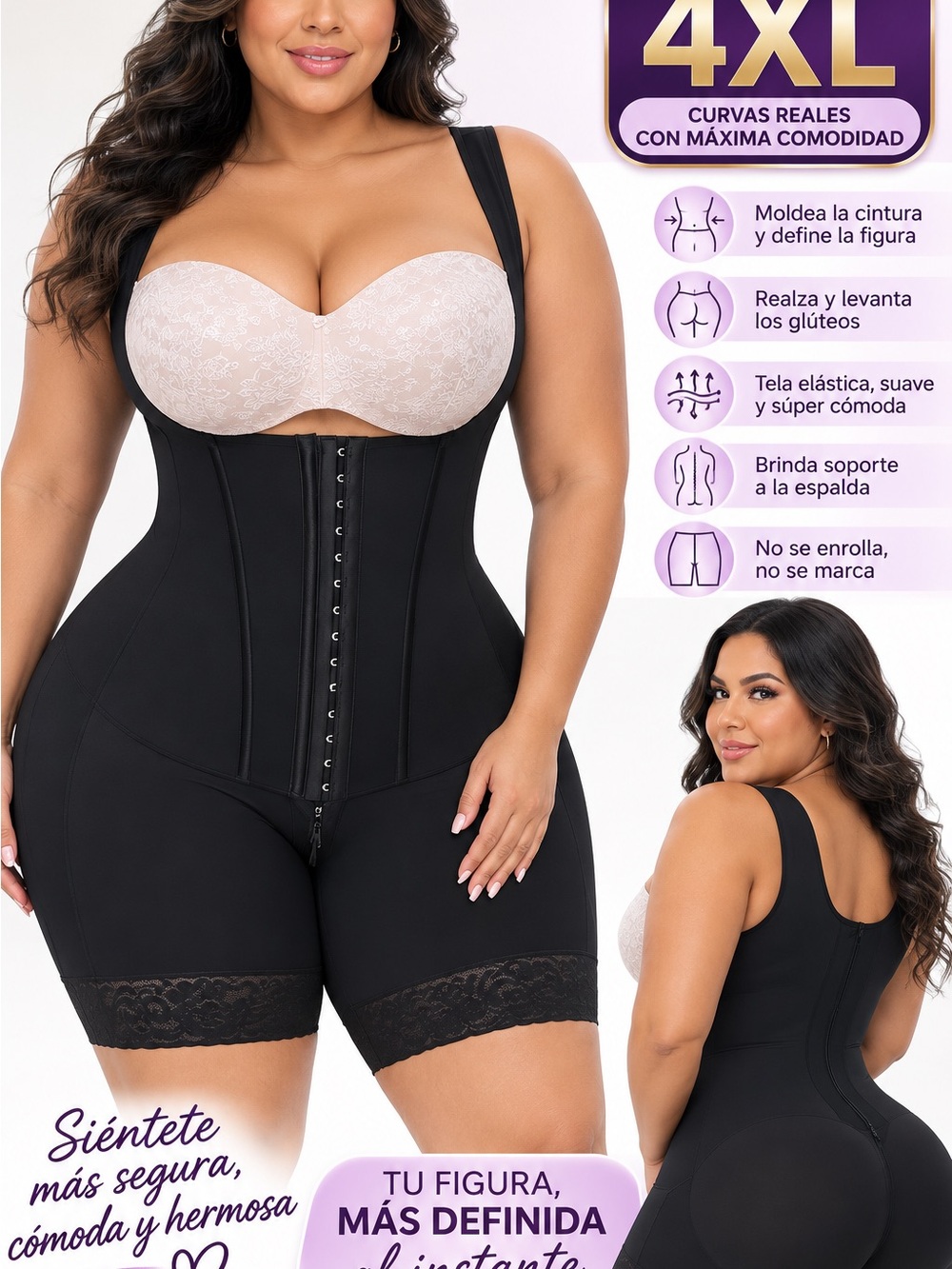 Plus Size Black Shapewear Bodysuit with Thigh Shorts